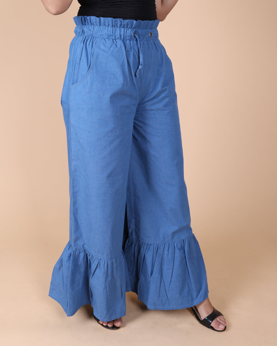 Gathered Hem Cotton Blue Pant