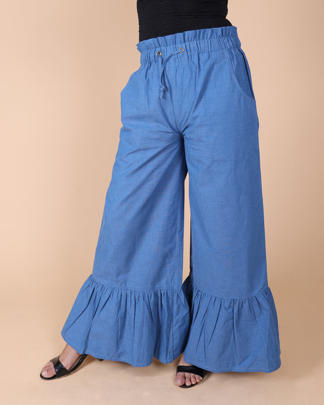 Gathered Hem Cotton Blue Pant