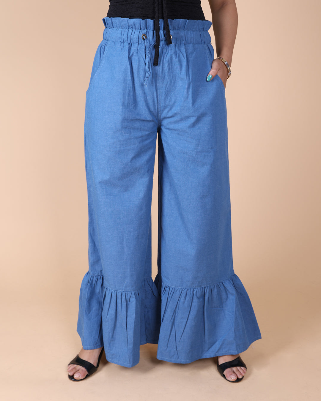 Gathered Hem Cotton Blue Pant