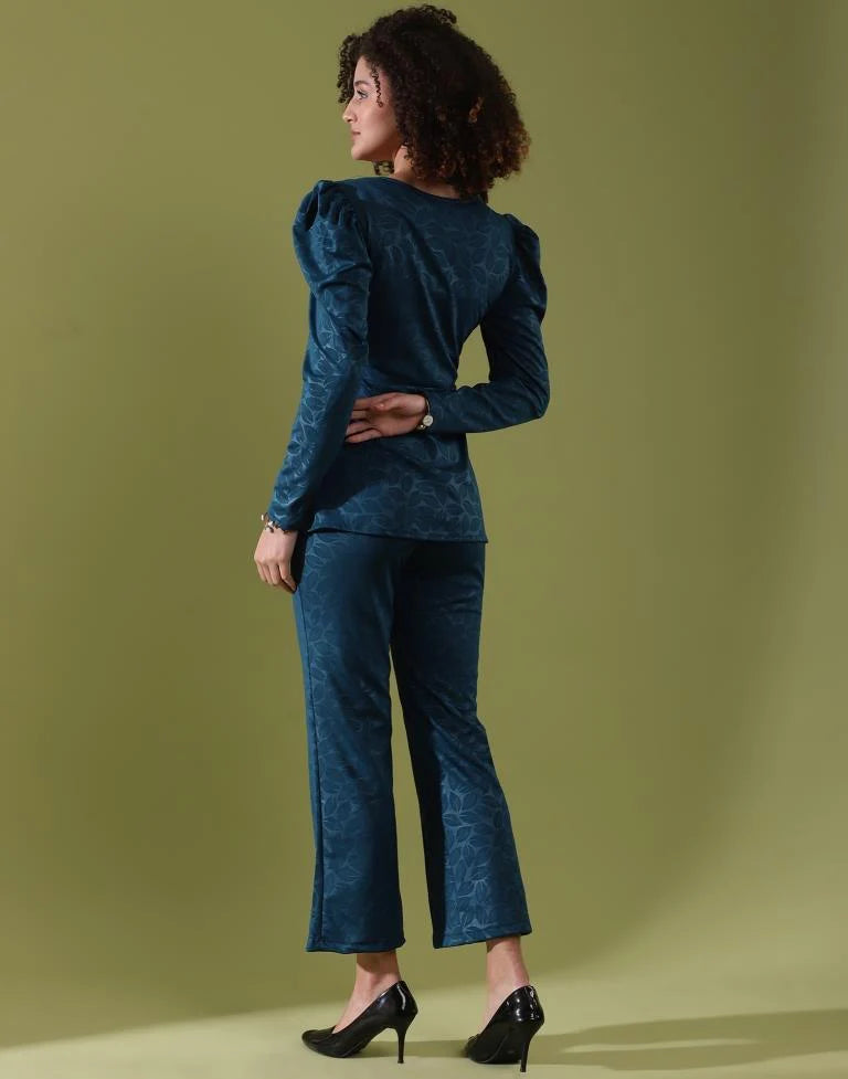 Teal Blue Embossed Co-Ord Set with Statement Sleeves