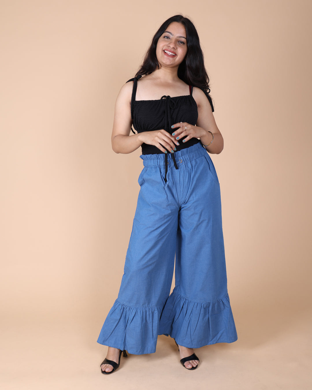 Gathered Hem Cotton Blue Pant