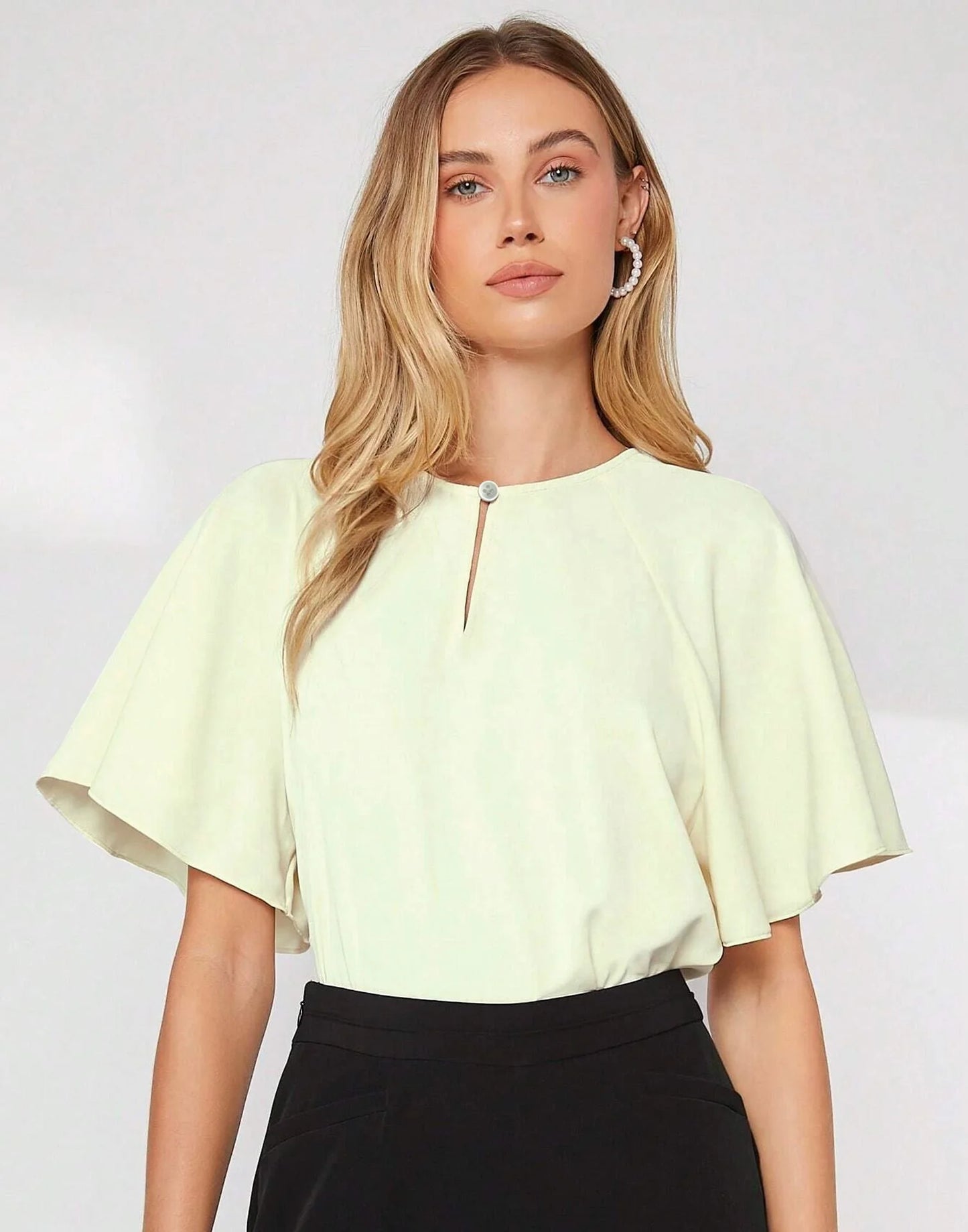 Soft Yellow Flutter Sleeve Top with Keyhole Detail